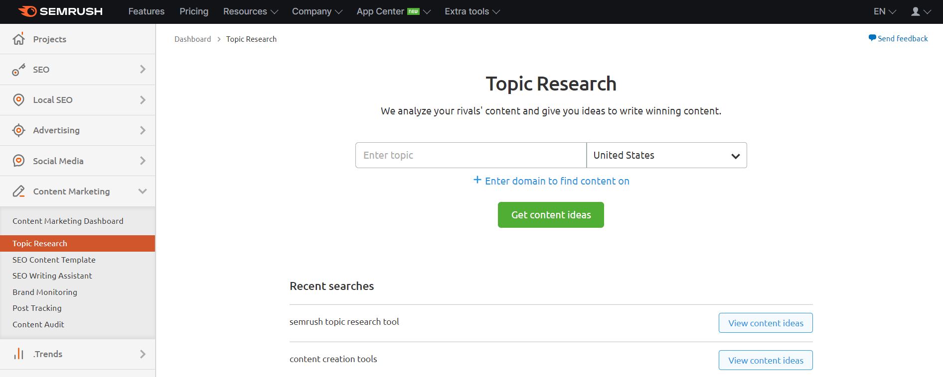 semrush topic research tool for content creation